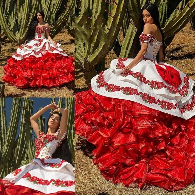 Ruffled Floral Charro Quinceanera Dresses 2020 Off Shoulder Puffy Skirt