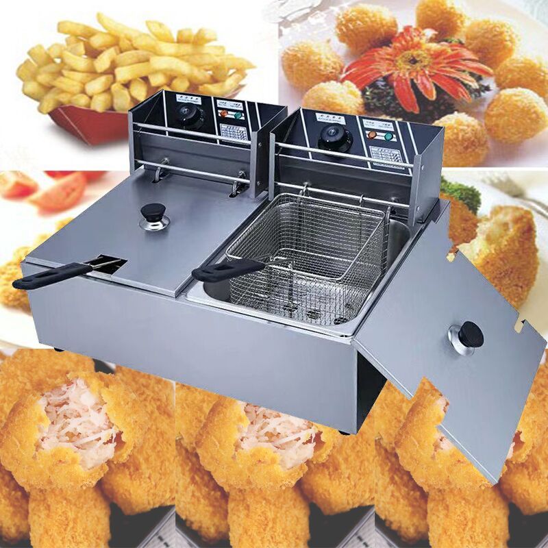 2021 220V 5000W 12L Commercial Double Oil Cylinder Electric Deep Fryer French Fries Frying