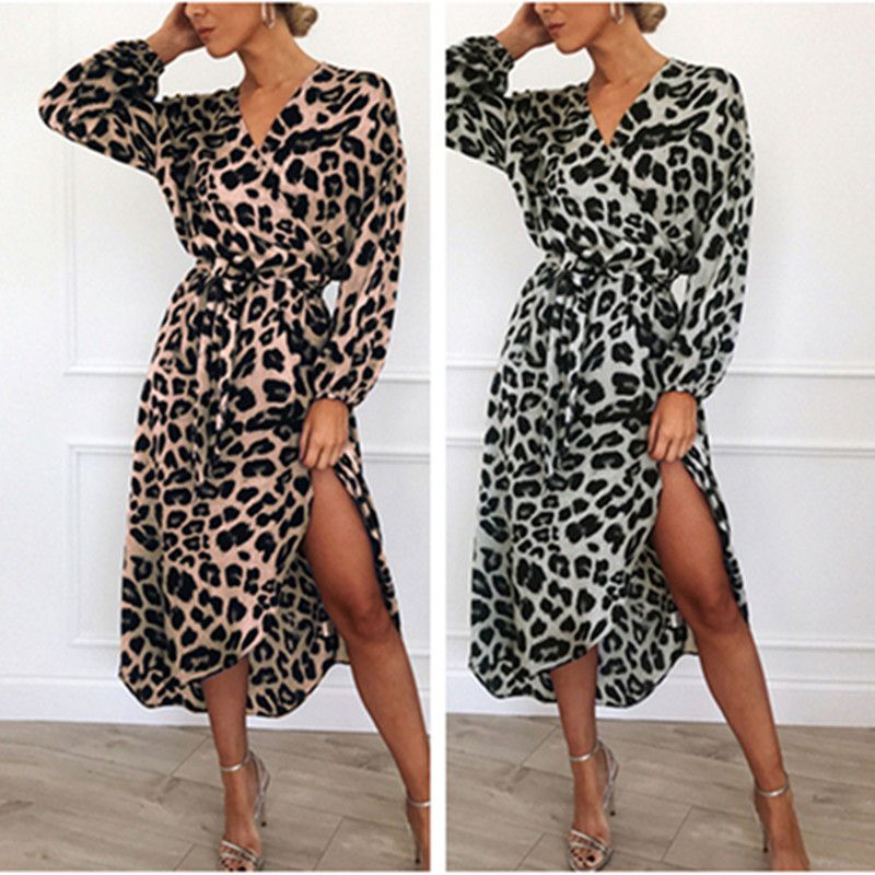 2020 Long Sleeve Leopard Chiffon Dress For Women Ladies V Neck Lace Up