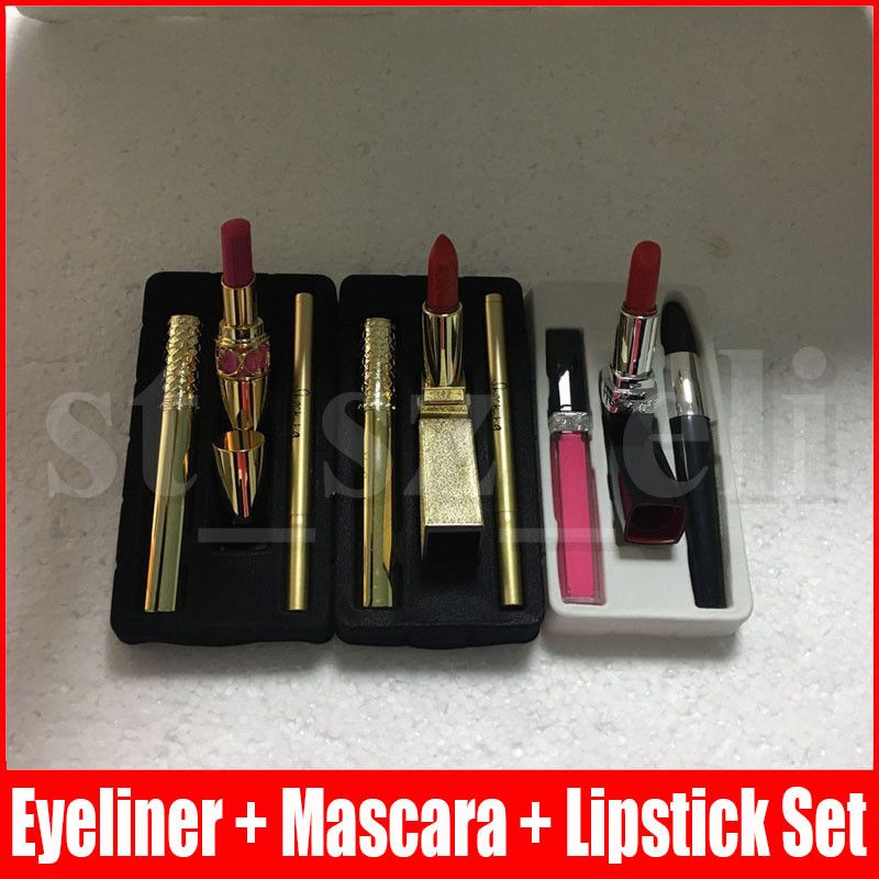 Hot Lip Makeup Set Mascara Matte Lipstick Lipgloss Eyeliner 3 In 1