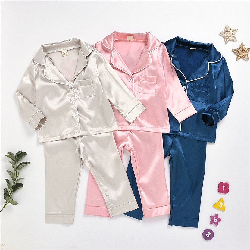 Children Pajamas Sets Summer Solid Color Boys Girls Long Sleeve Top ...