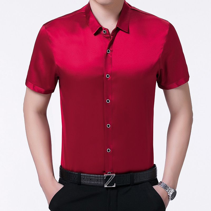 2021 100% Silk Men Shirt Short Sleeve Summer Red Black Shirt Korean Men ...