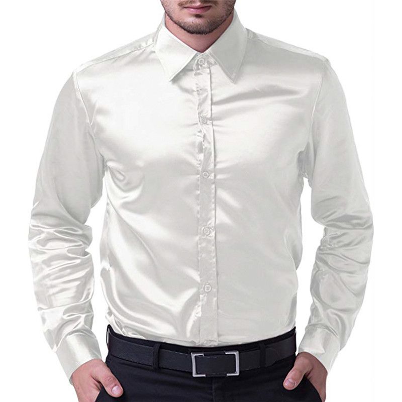 2021 Pure Color Men Formal Satin Shirts Shiny Silk Wedding Shirt Male ...