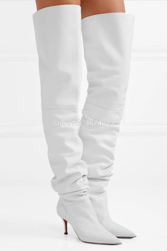 Qianruiti Women White Over Knee Boots Pointed Toe Kitten ...