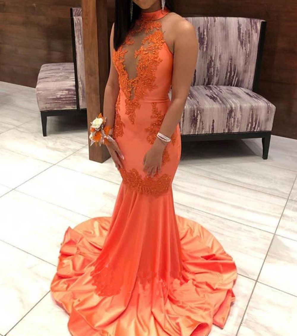 Orange Satin Prom Dresses Sexy Mermaid Beading Lace Applique Evening