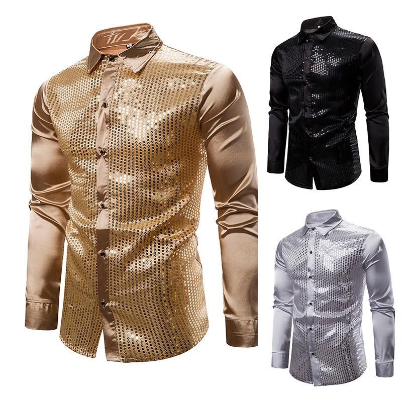 2021 Men'S Dress Shirts Nightclub Metallic Silver Shirt Button Down ...