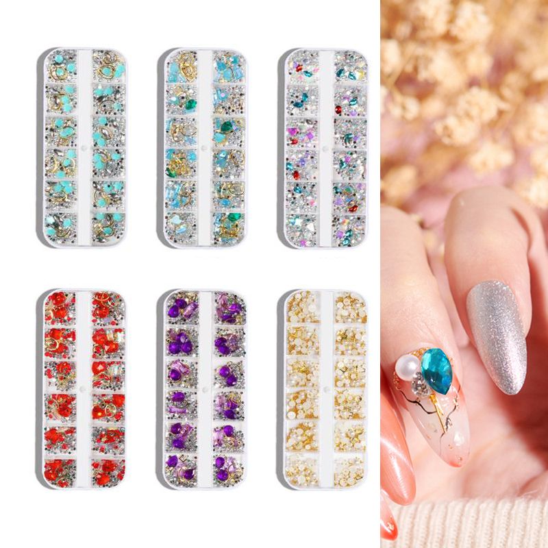 6 Styles 1 Box Nail Art Rhinestones Nail Crystal Gems Metal Studs Pearls Crystal Flat Back ...