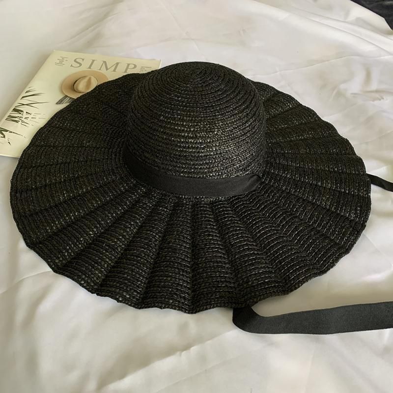 Elegant Black Natural Straw Hat Women With Lace Up Wide Brim Lotus Leaf