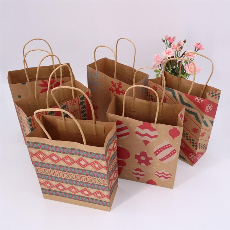 Christmas Kraft Paper Bags With Handle Snowflake Print Candy Chocolate