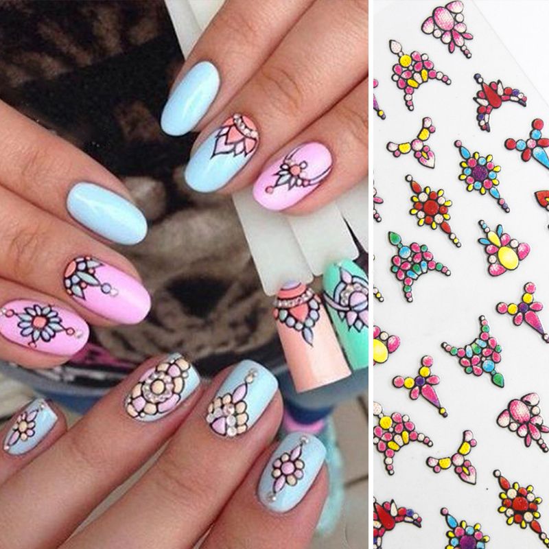 D Nail Sticker Colorful Flower Pattern Decals Nail Transfer Stickers ...