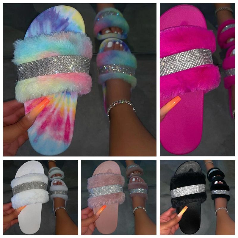 Women Furry Slippers Woman Fur Slides Women&#39;S Glitter Bling Flat Female Rainbow Color Shoes ...
