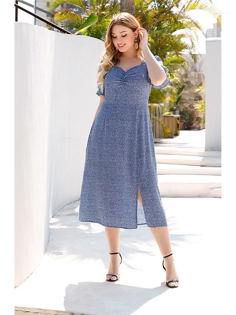 Print Plus Size Womens Dresses Designer Split Square Neck Dress Casual