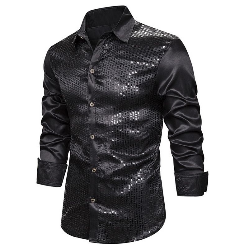 2021 New Men'S Luxury Sequin Glitter Shirts Dress Long Sleeve Silk