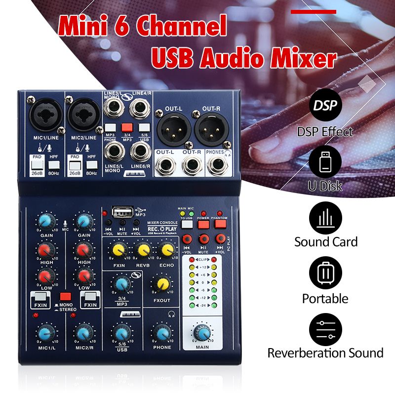 Mini 6 Channel Sound DJ Mixer Reverberation Console USB Record 48V