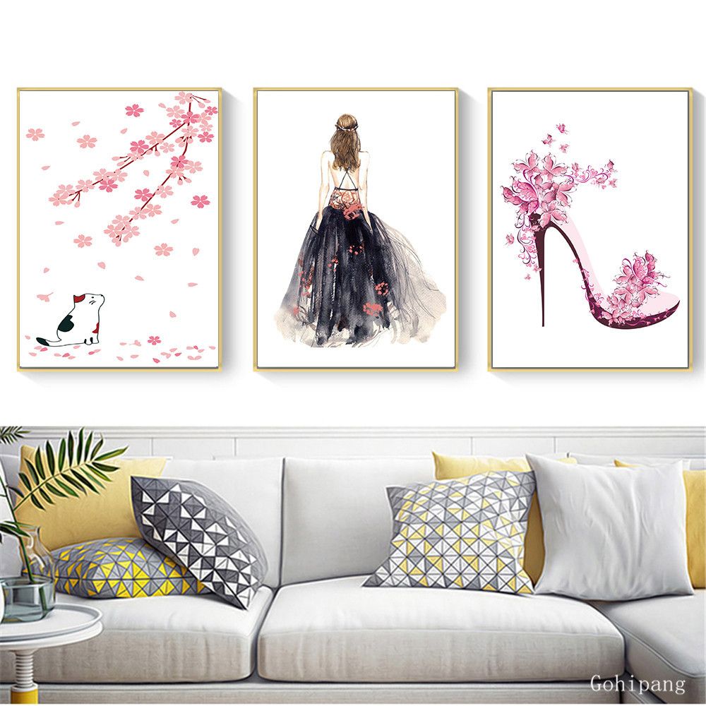 2021 Abstract Wall Art Cute Pink Flowers Cat High Heels Shoes Girl