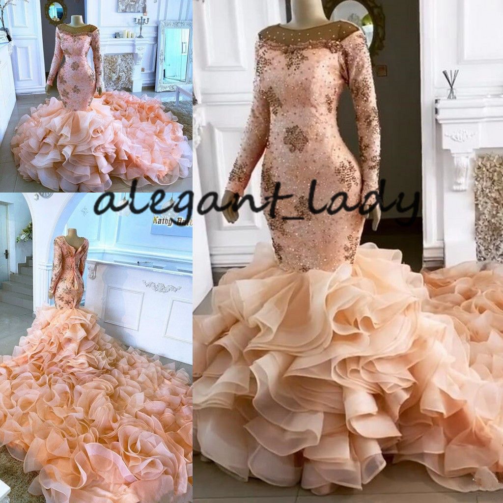 Blush Champagne Mermaid Wedding Dresses 2021 Luxury Long Sleeve Organza