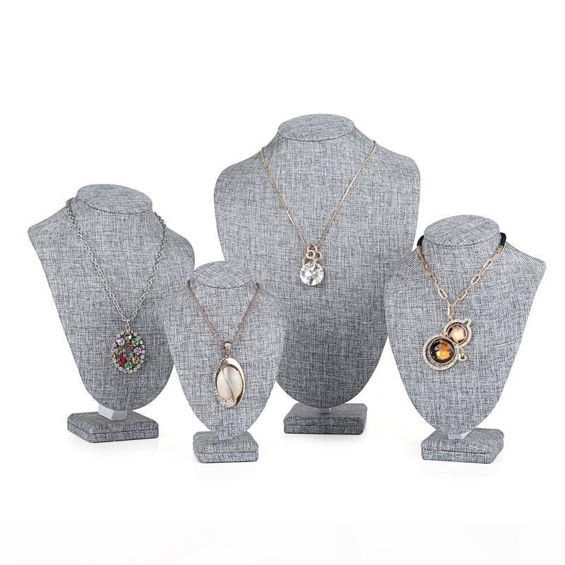 2021 Top Grade Burlap Wooden Bust Mannequin Grey Linen Pendant Necklace