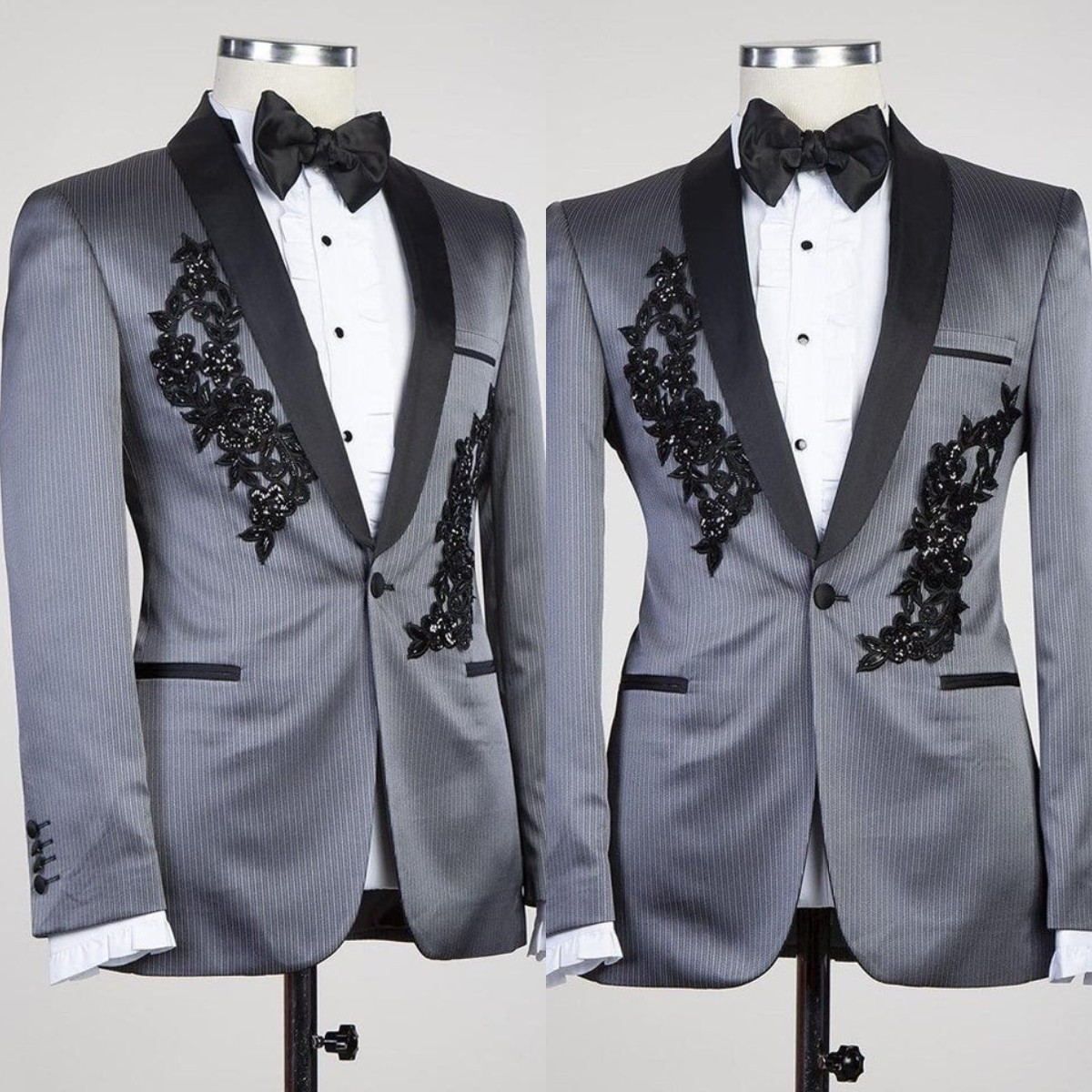 2020 Silver Grey Mens Wedding Tuxedos Lace Appliqued Pinstripe Single