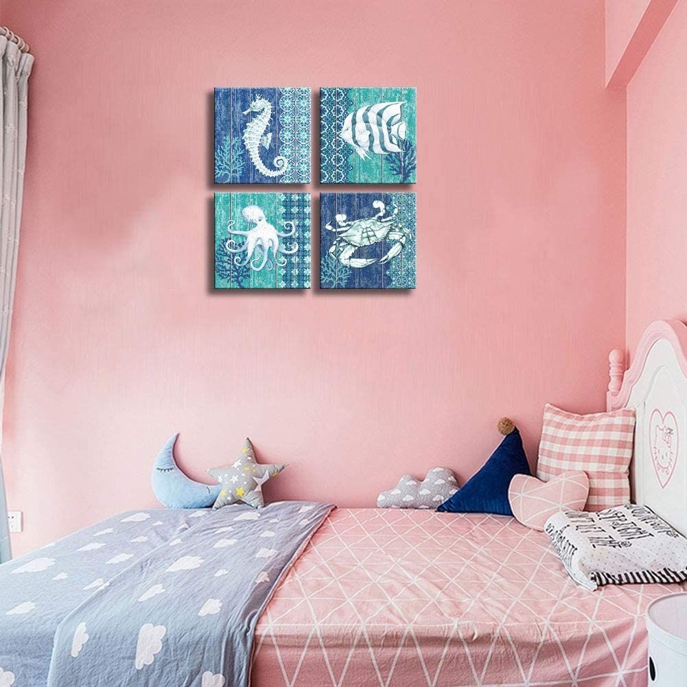 2021 Ocean Life Theme Canvas Wall Art For Bathroom Decor Seahorse