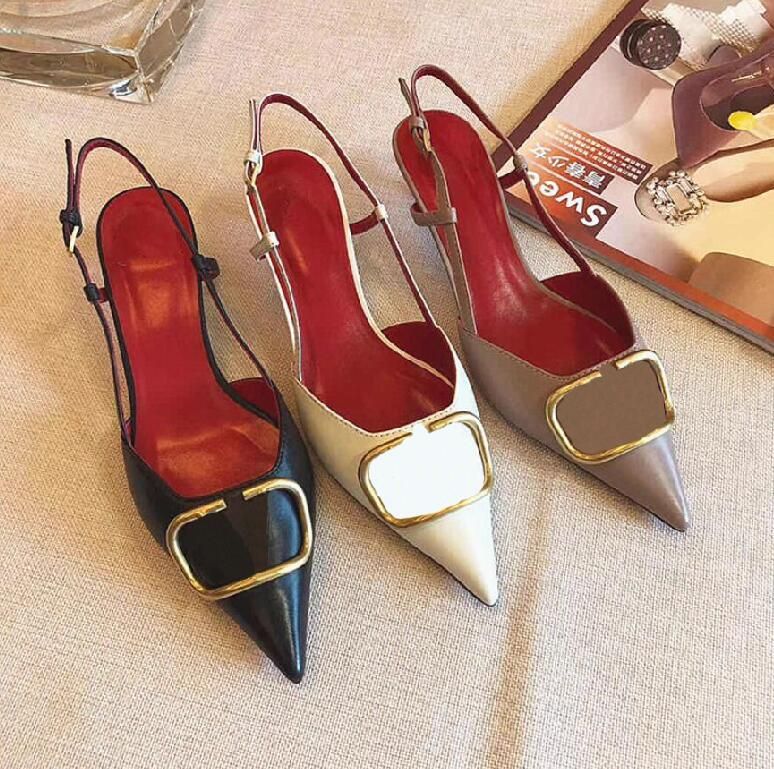 Classic Brand New Metal V Buckle Back Fine Heel Sandals Leather Pointed ...