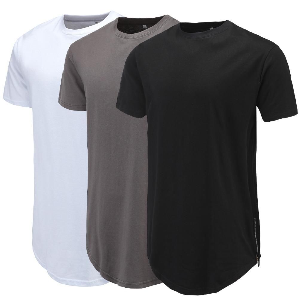 Men Casual T Shirt Curve Hem Side With Zipper Short Sleeve Streetwear Men Long Line Hip Pop