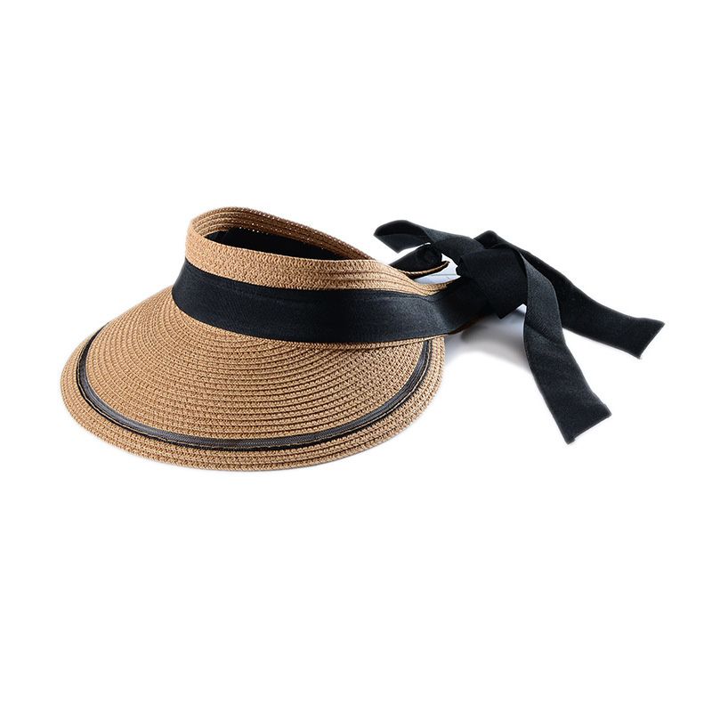 Summer Women Ribbon Bow Straw Visor Sun Hat Lady Empty Top Hats Wide