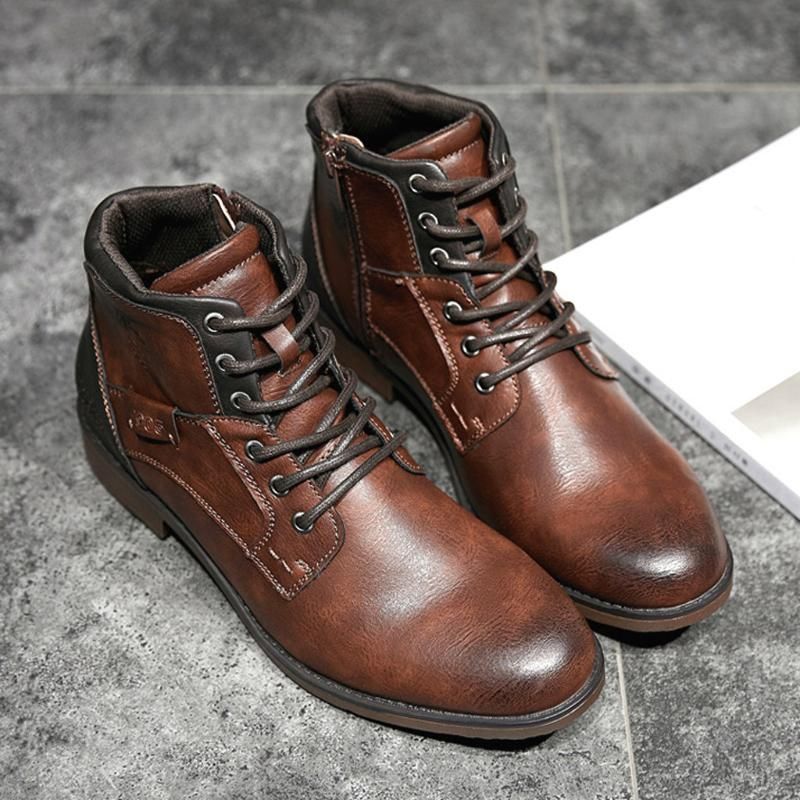 Fashion Retro Ankle Leather Men Boots High Top Side Zipper Tooling ...