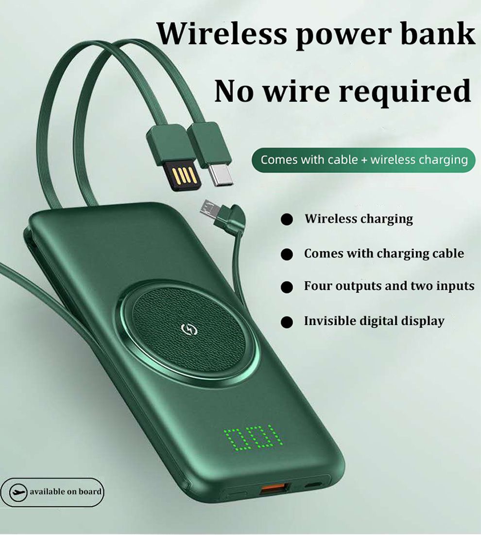 2021 10000/20000mAh Wireless Charging Power Bank With Cables Ultra Thin