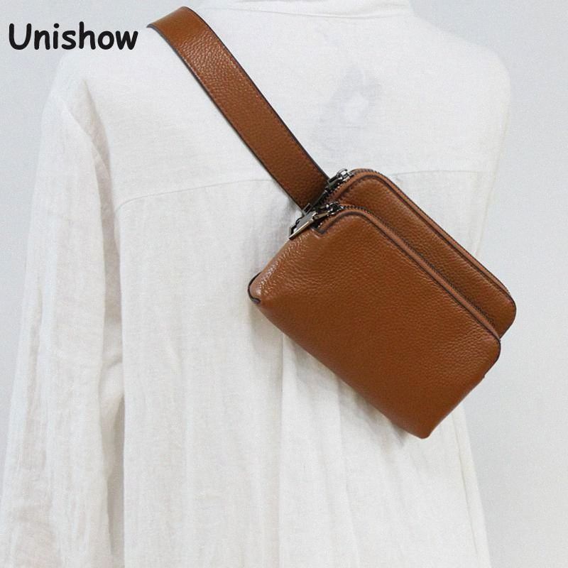 Double Pocket Design Women Leather Waist Bag 2020 Cow Leather Female Crossbody Chest Bag Small ...