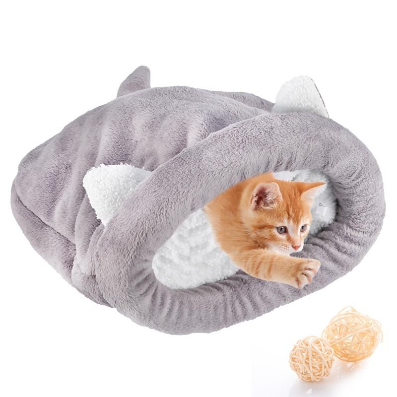 2020 Cute Pet Cats Sleeping Bed Bag Warm Cozy Coral Fleece Bed Covered