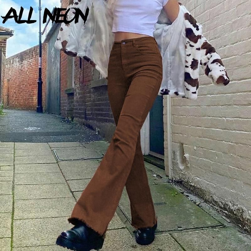 2021 ALLNeon Indie Aesthetics Slim Brown Flare Jeans Y2K Vintage Solid ...