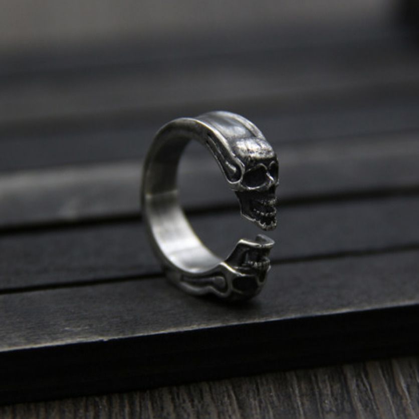 Pure Silver Skull Fashion Open Ring Men Women Real Silver Double Skull
