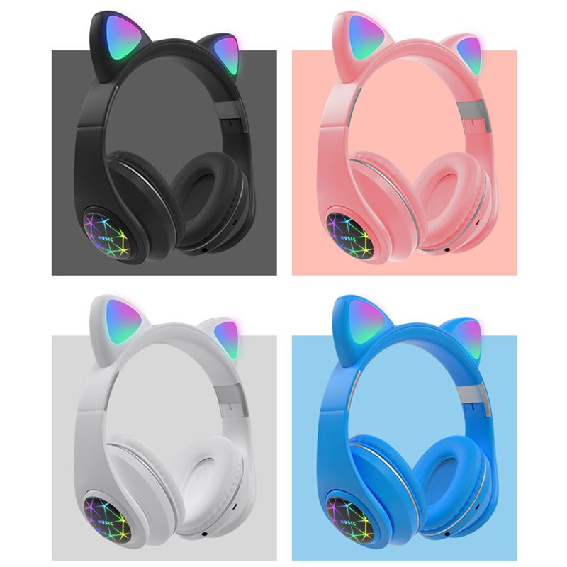 Cute Cat Earphones Bluetooth Wireless With LED Music Stereo Headphone