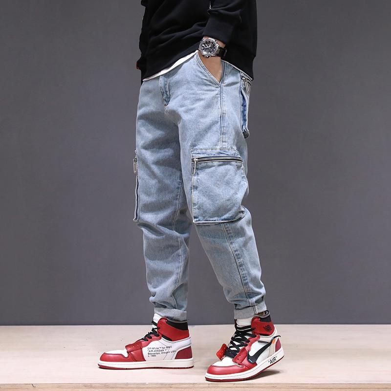 2020 Korean Style Fashion Men Jeans Loose Fit Multi Big Pockets Casual
