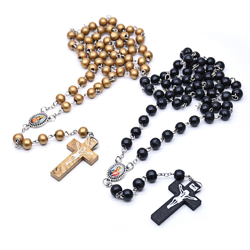 Wholesale Religious Catholic Jewelry Long Wood Rosary Necklace Cross