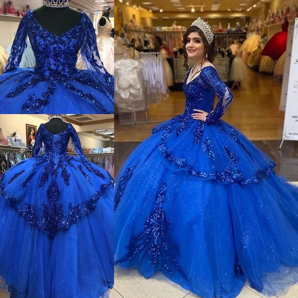 Vestidos De Xv AÃ±os Royal Blue Sequins Quinceanera Dresses Long Sleeves Corset Sequined Ball 
