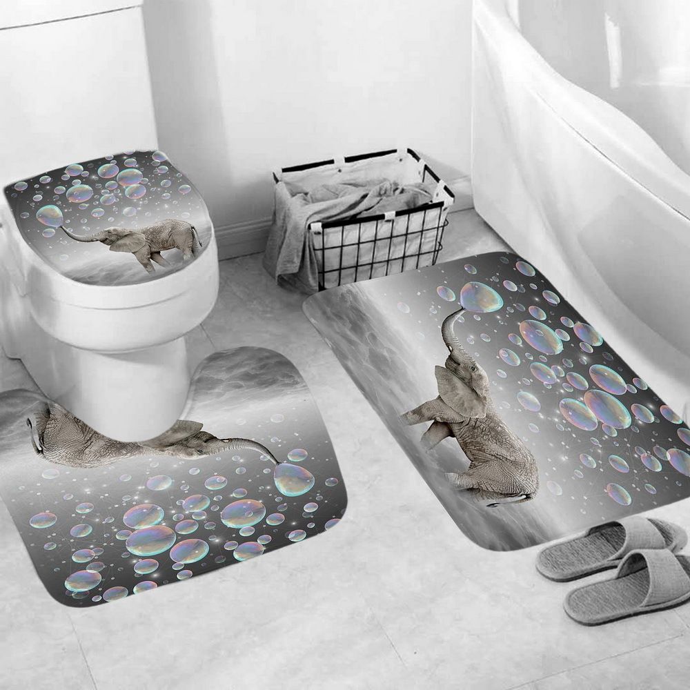 Bubbles Elephant Bathroom Shower Polyester Curtain Non Slip Toilet Cover Rug 