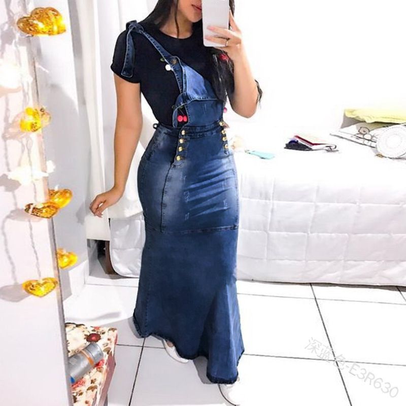 Female long denim on sale overall suspender skirt dress