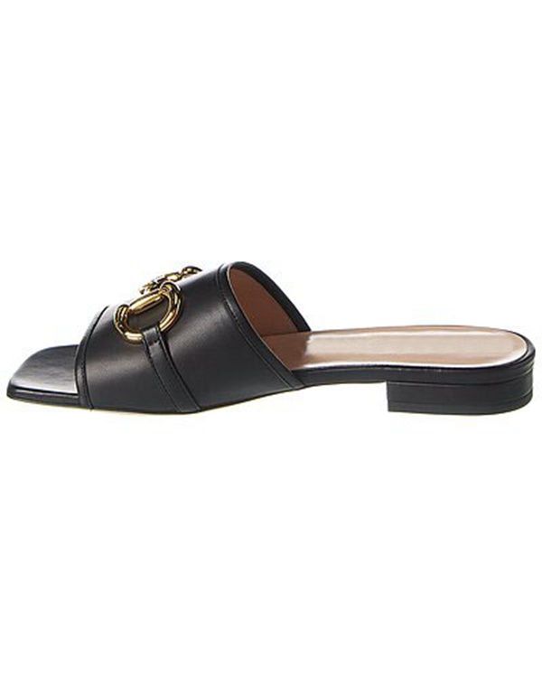 New Womens Black Leather Slippers Open Round Toe Slip On Flat Slippers With Low Heel And Gold