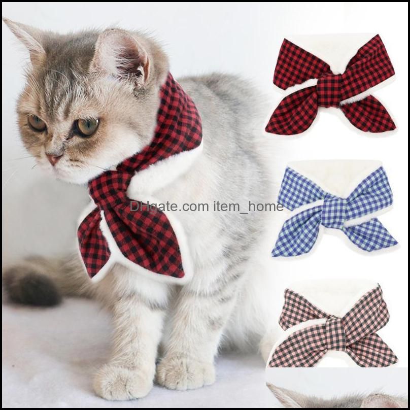 Soft Woolen Cat Collar Scarf Warm Winter Dog Bandana Scarfs Cute Plaid Pet Collars Necklace For Small Medium Dogs Cats With Fur &