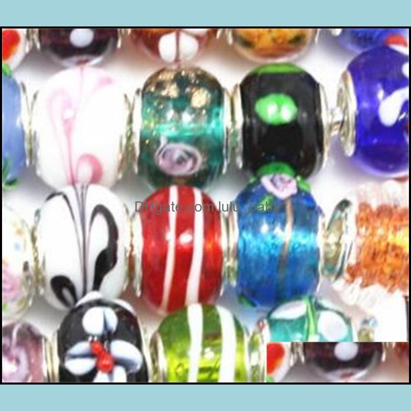 Silver Color Murano Glass Beads Fit European Charm Bracelet Spacer And Jewelry Making by 50pcs Mix 9 U2