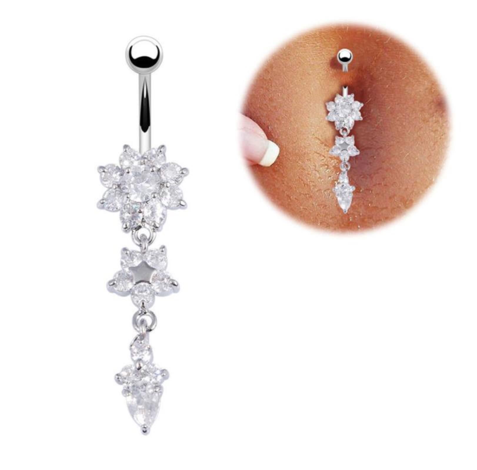 Sexy Dangle Belly Bars Belly Button Rings Belly Piercing Cz Crystal Flower Body Jewelry Navel Piercing Rings Drop Shipping Mya30