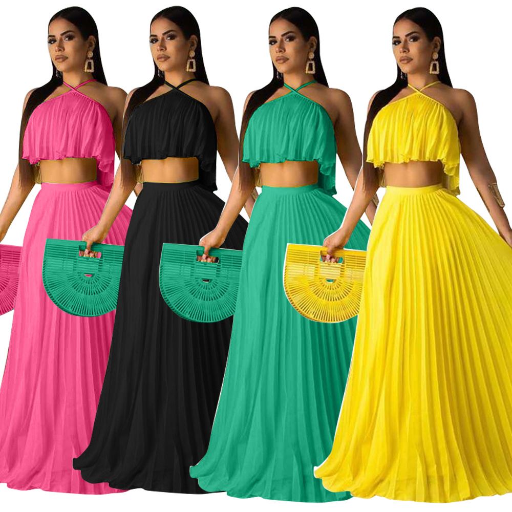 2021 Summer Fashion Women Two Piece Dress Sexy Chiffon Solid Color Party Skirt Pleated High ...