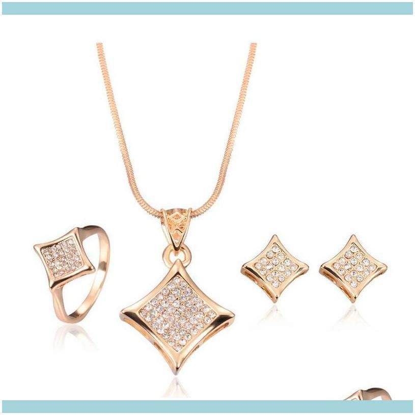18Kgp Necklace Earrings Rings Sets Fashion Full Rhinestone Crystal Bride Jewlery Sets Women Fine Jewelry Cal1097B Unvqa
