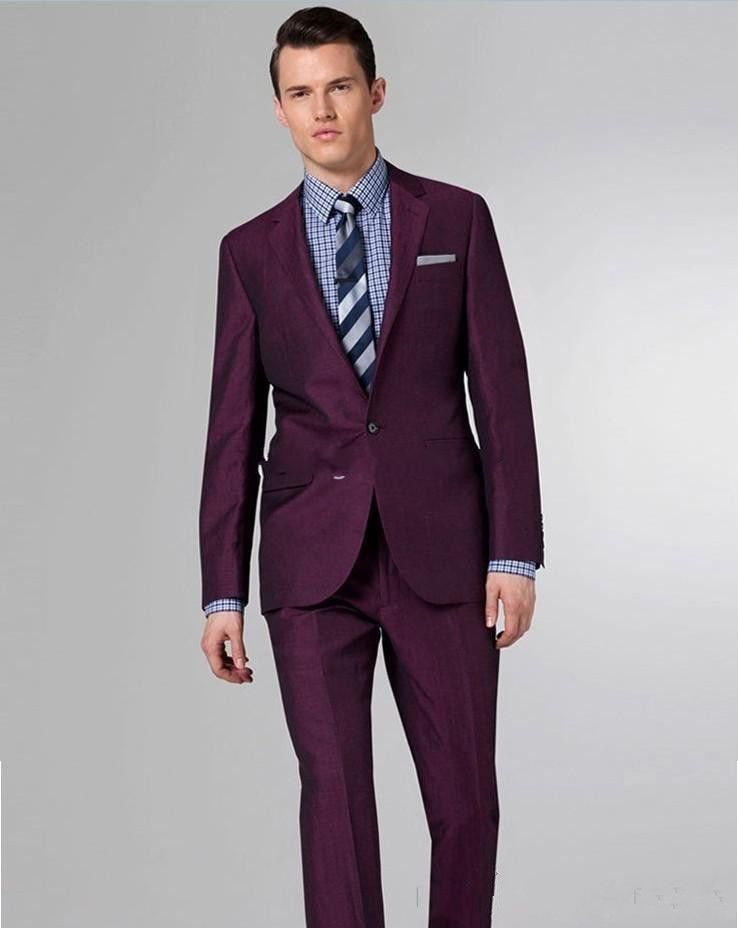 2015 New Burgundy Men Suits One Button Back Split Wedding Suits Groom ...