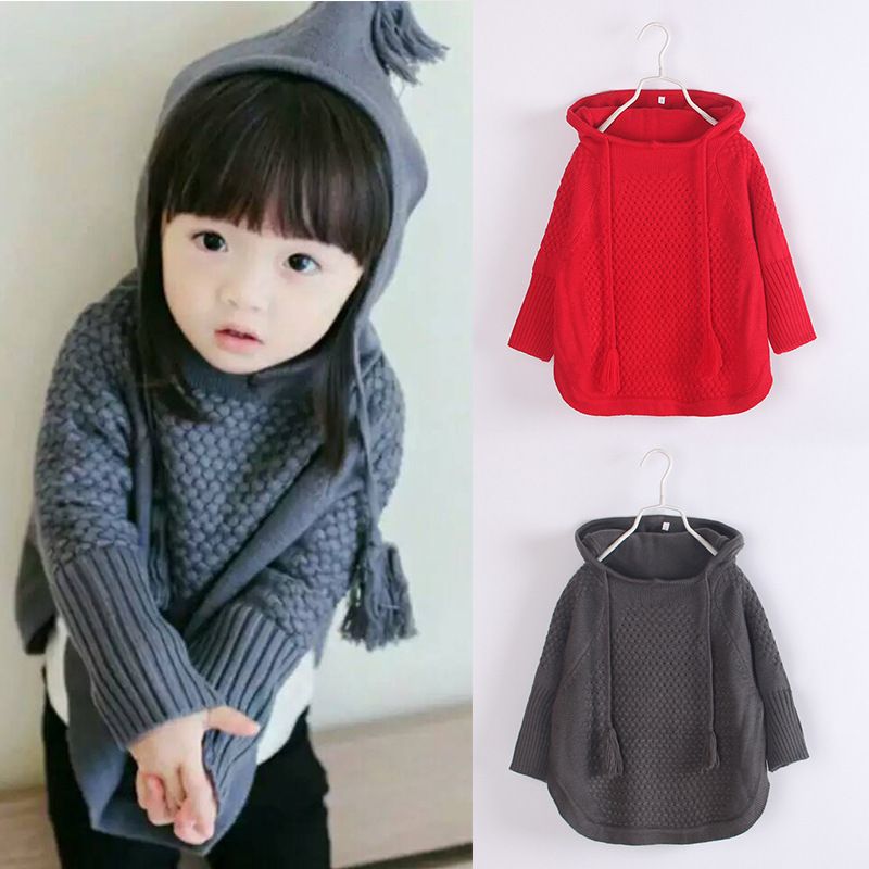 2016 Kids Girls Knit Hooded Sweaters Baby Girl Fall Batwing Pullover Girl Fashion Jumper Tops Childrens Wholesale clothing ZJ1236