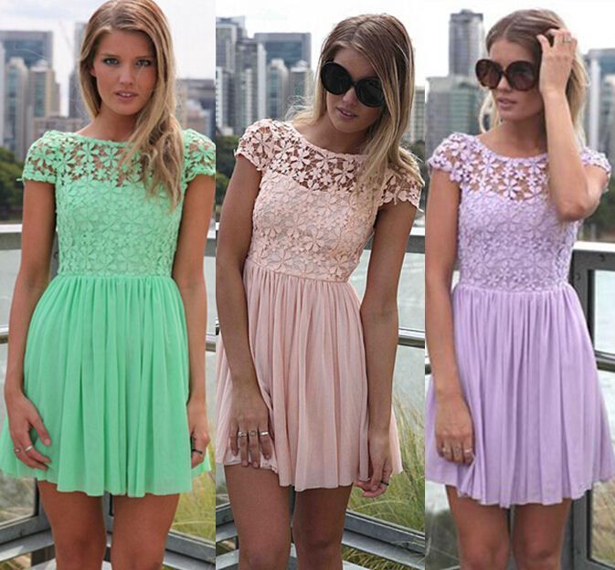 Women Summer Cute Lace Chiffon Dresses 2015 Sexy Ladies Short Sleeve ...