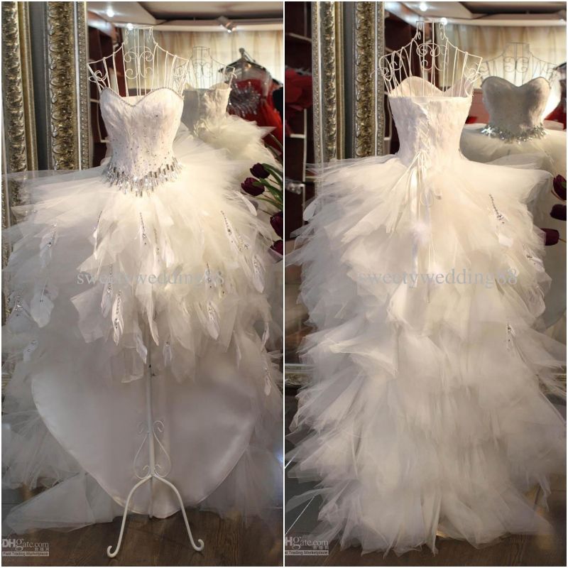 Luxury Feather Wedding Dresses With Crystal Waistband A-line Sweetheart High Low Bridal Gown White Ivory Custom Made Luxury Feather Wedding Dresses With Crystal Waistband A-line Sweetheart High Low Bridal Gown White Ivory Custom Made