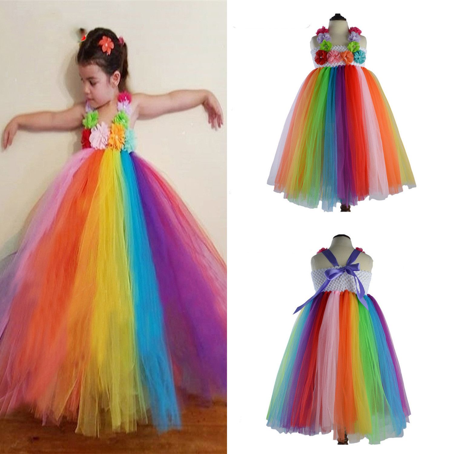 line Cheap Girls Rainbow Dresses Lace Tulle Princess Dress Dance Tutu Suspender Skirt Kids Christmas Birthday Party Clothing Free Dhl 554 By Factory goods