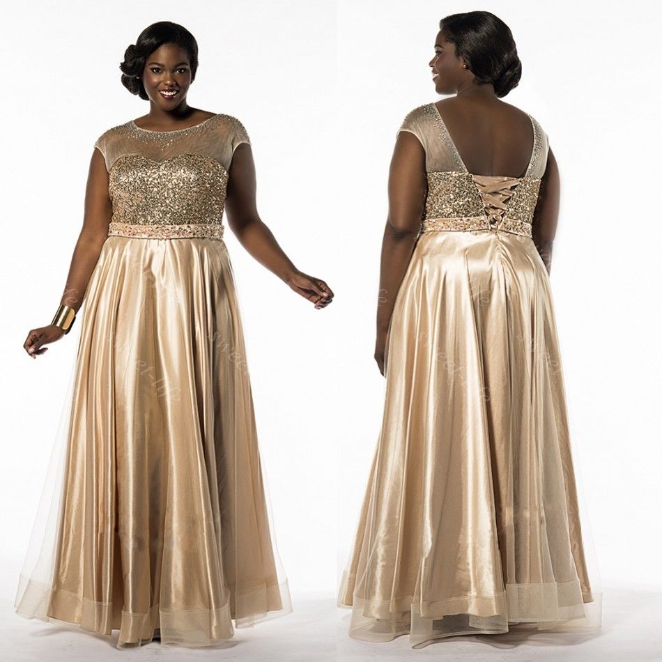 2015 elegant plus size prom dresses gold sequins lace up cap sleeve gold prom dress plus size
